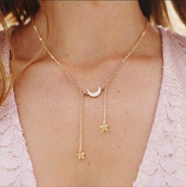 Moon With Double Star Neck Chain - Gold